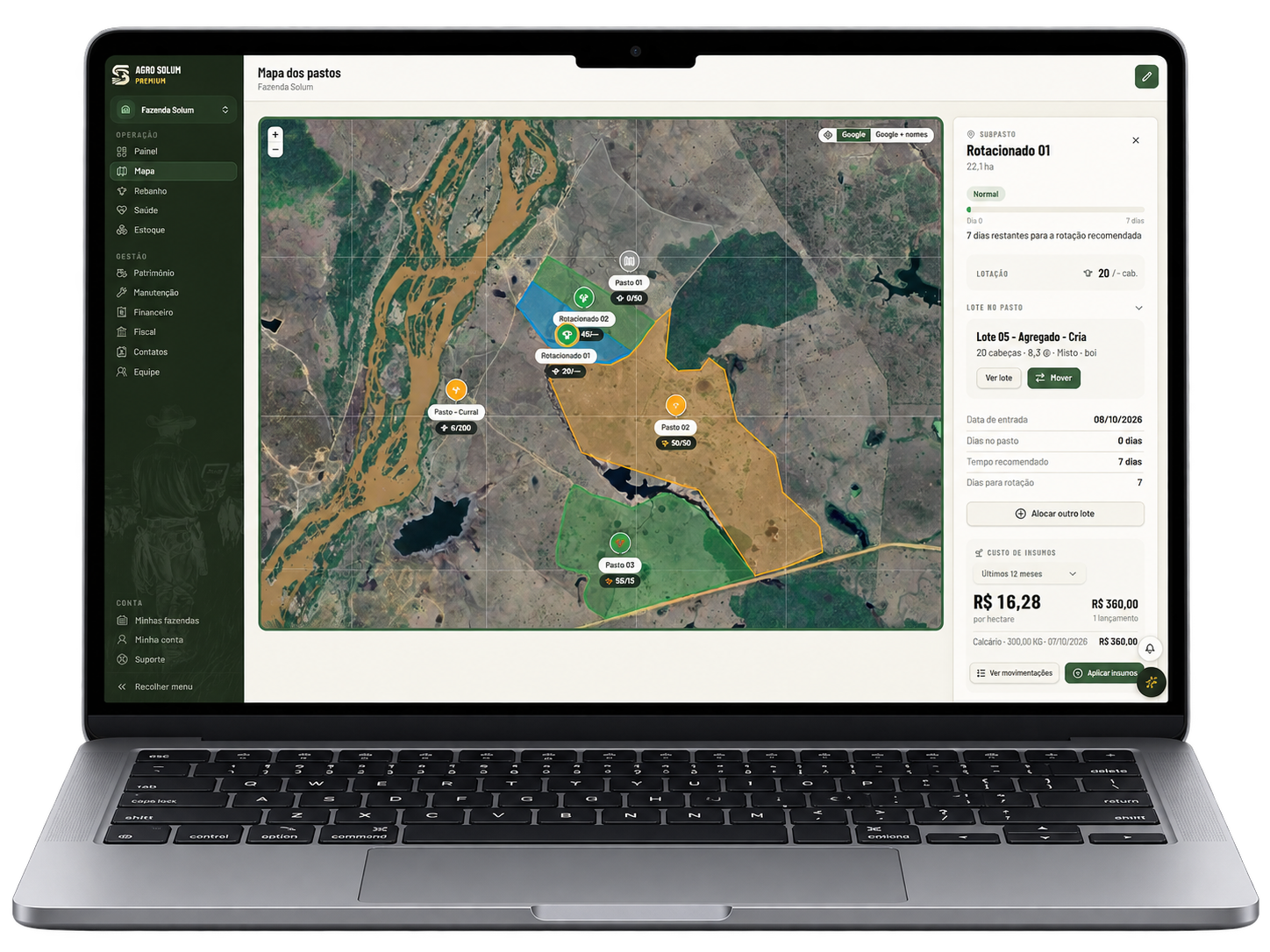 Notebook mostrando o mapa dos pastos do Agro Solum